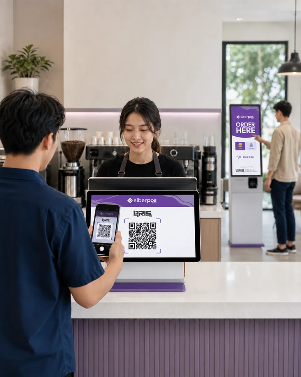 Kasir melayani pelanggan menggunakan perangkat point of sale SiberPOS.
