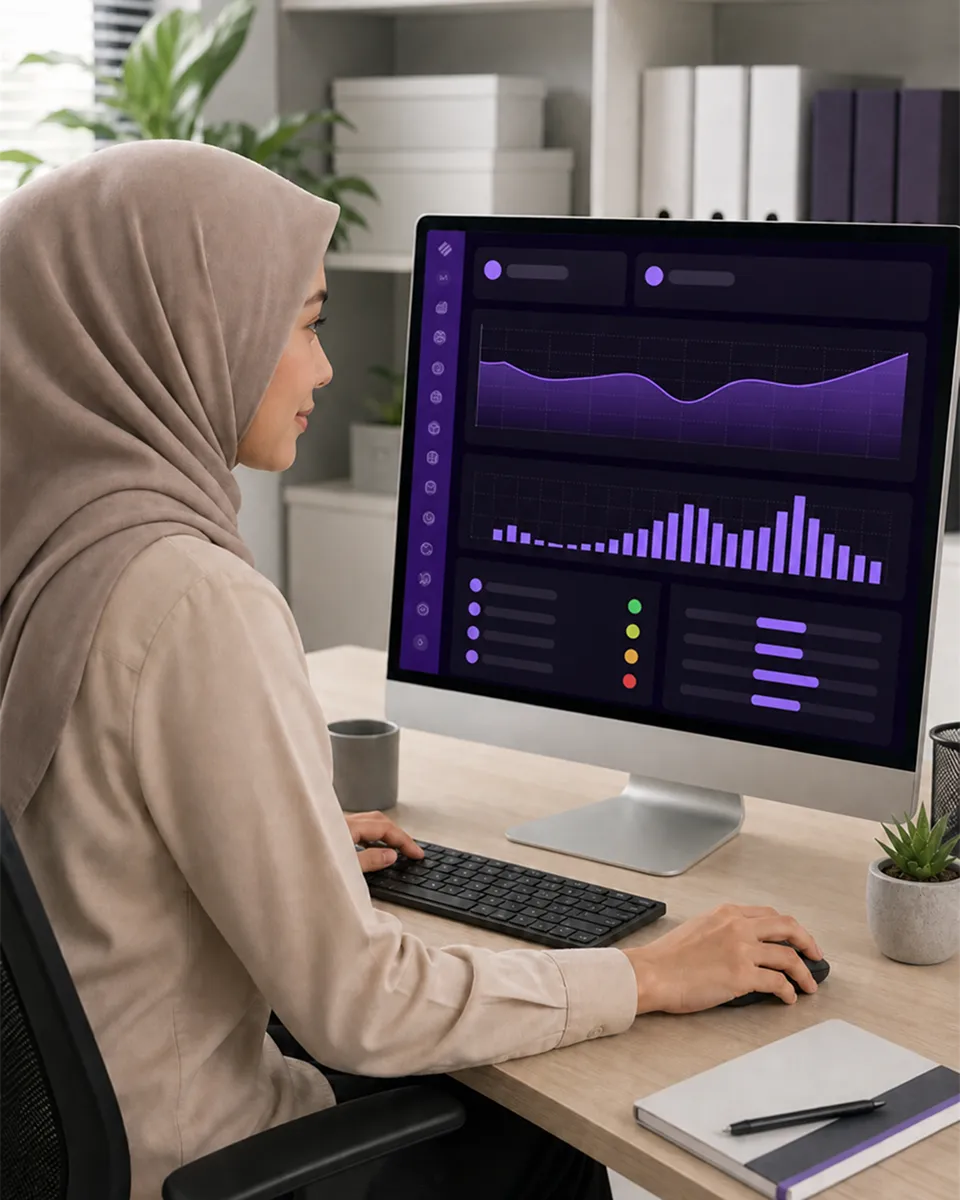 Pemilik bisnis memantau laporan penjualan real-time pada dashboard SiberPOS.