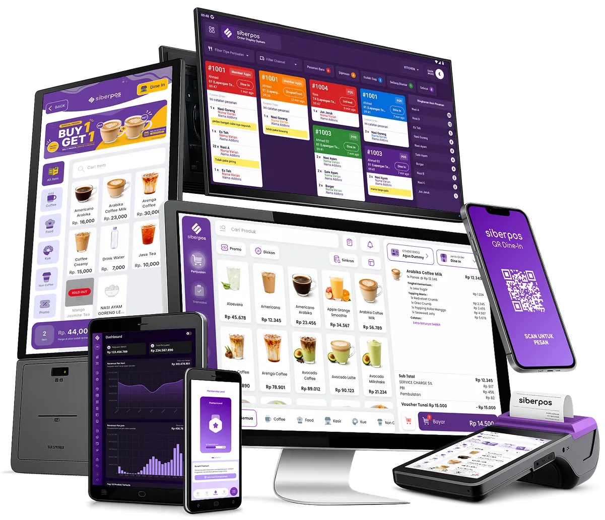 Tampilan SiberPOS pada layar point of sale, dashboard bisnis, dan aplikasi membership mobile.